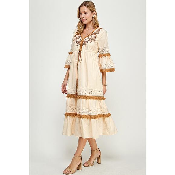 See And Be Seen Boho Eyelet Cotton Tassel Fringe Trim Midi Dress MEDIUM - Picture 3 of 8